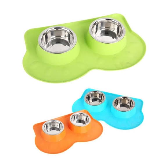 Bát Ăn Cho Chó Mèo Bát Đôi Inox Đế Nhựa Pawise 44x27cm