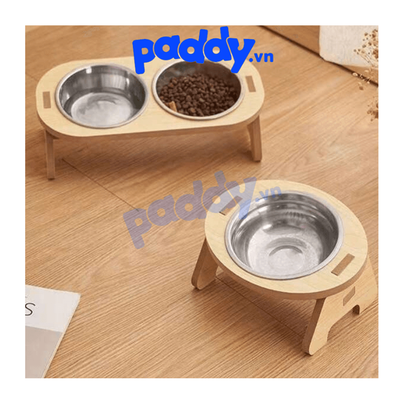 Bát Ăn Cho Chó Mèo Bằng Inox Chân Gỗ Cao Chống Gù - Paddy Pet Shop