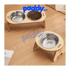 Bát Ăn Cho Chó Mèo Bằng Inox Chân Gỗ Cao Chống Gù - Paddy Pet Shop