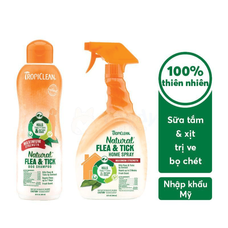 Sữa Tắm & Xịt Trị Ve, Bọ Chét Cho Chó Mèo Tropiclean Natural Flea & Tick (Mỹ)