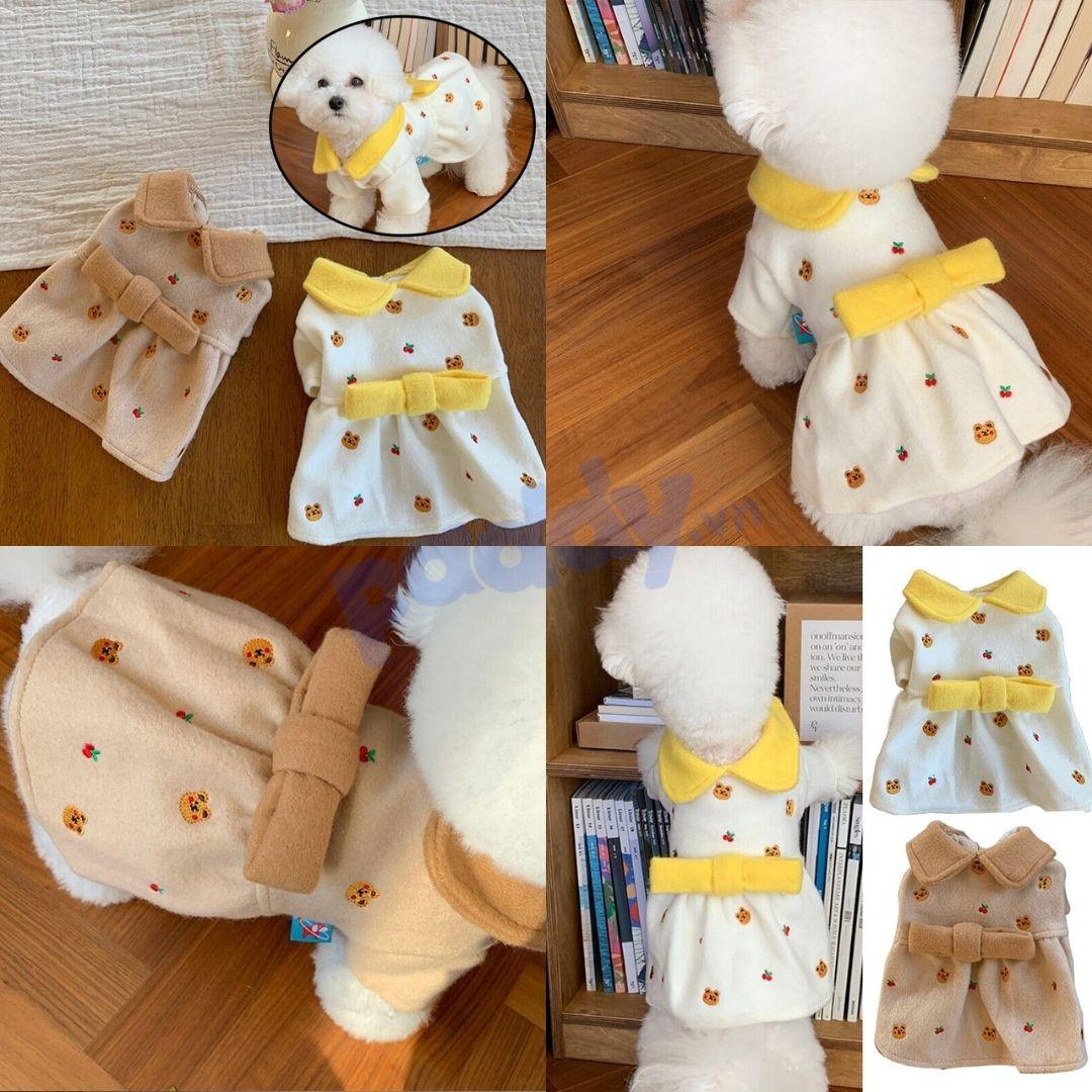 Áo Đầm Cho Chó Mèo Vải Nỉ Gấu Đính Nơ - Paddy Pet Shop